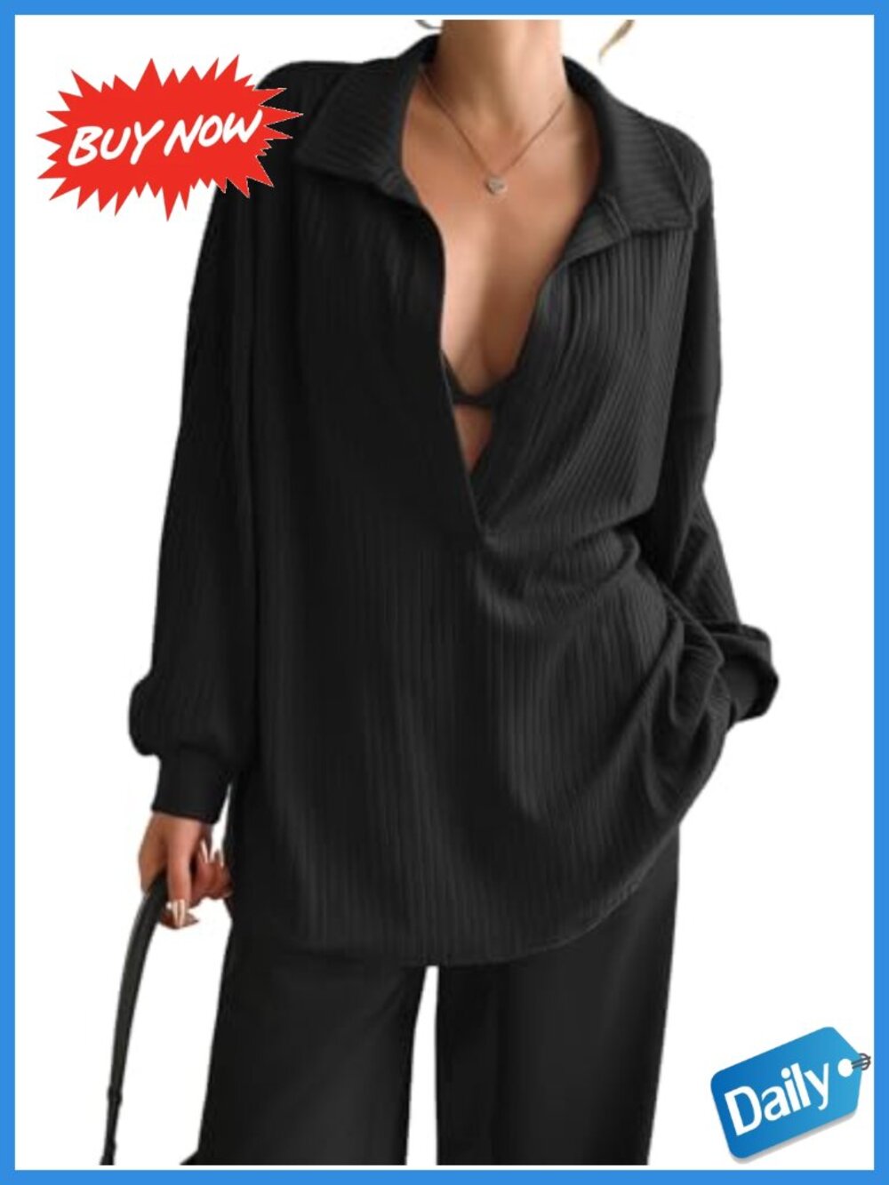 Oversized Deep V Neck Ribbed Knit Sweatshirt Casual Long Sleeve Pullover